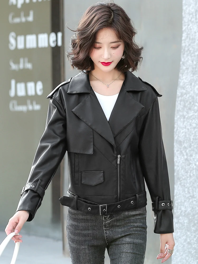 New Spring Autumn Women Leather Jacket 2022 Ladies Suit Collar Solid With Belt Zipper Biker Coat Female Casual Moto Outerwear