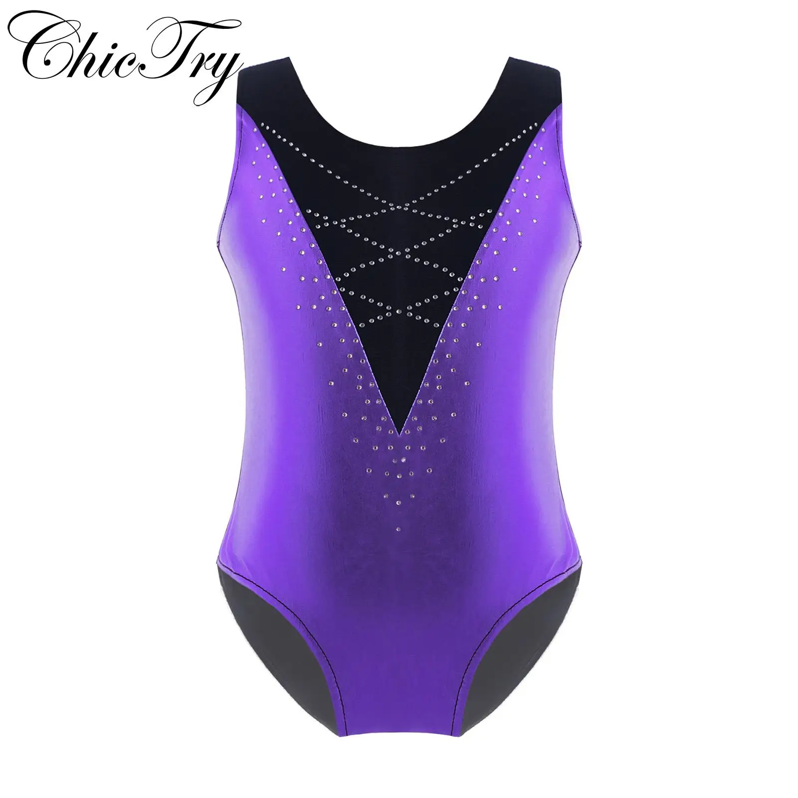 

Girls Dance Leotards Kids Sleeveless Gymnastics Workout Dancewear Bodysuit Round Neck Rhinestone Patchwork Performance Costumes
