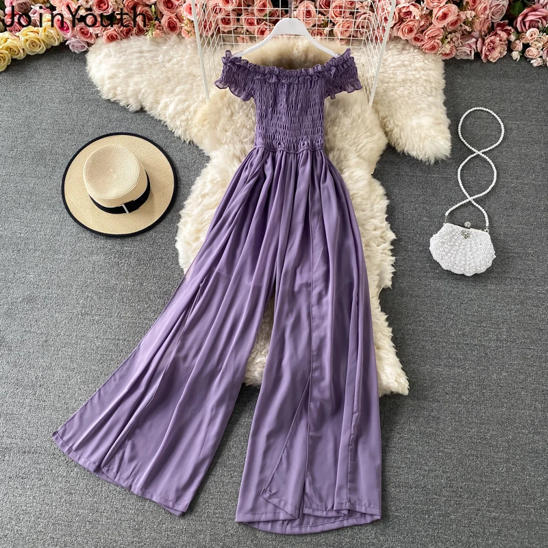 Женский комбинезон с вырезом-лодочкой широкие брюки со складками летний в