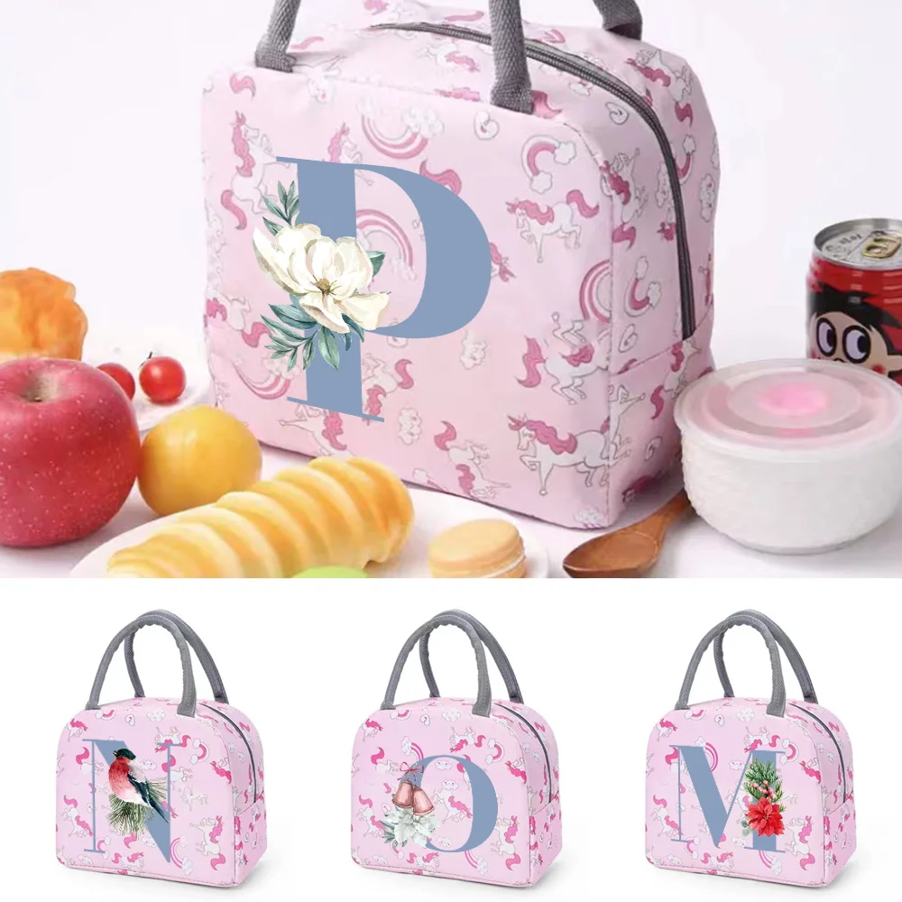 

Cooler Bags Portable Zipper Thermal Lunch Bag for Women Blue Letter Fridge Bag Picnic Travel Breakfast Box Food Bags for Kids