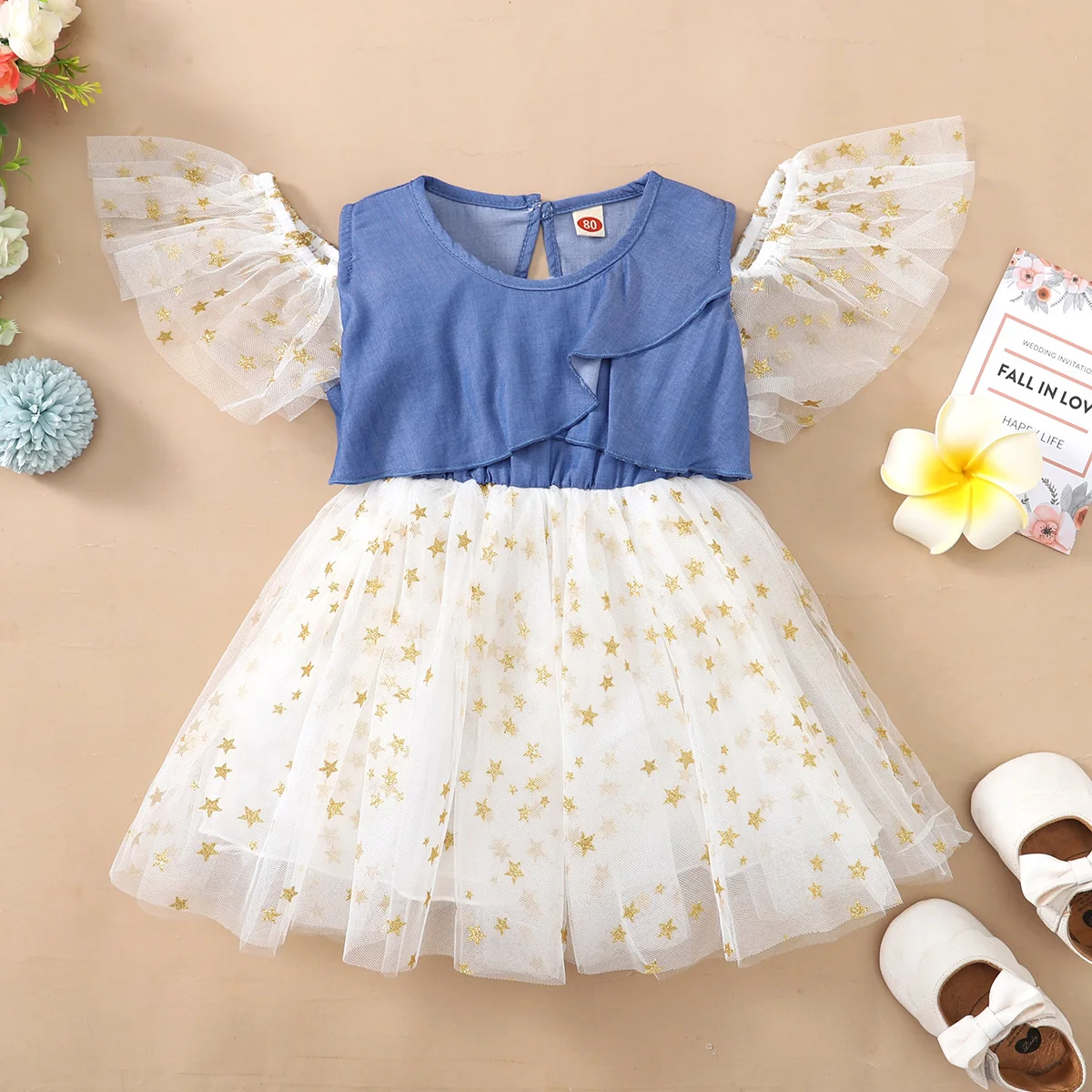

Toddler Star Decor Mesh dropped shoulder sleeves Tutu skirt
