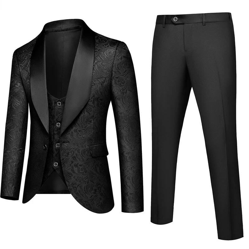 

Black Jacquard Floral 3pcs Suits Men Shawl Collar One Button Tuxedo Suits Pants Mens Wedding Groom Dinner Elegant