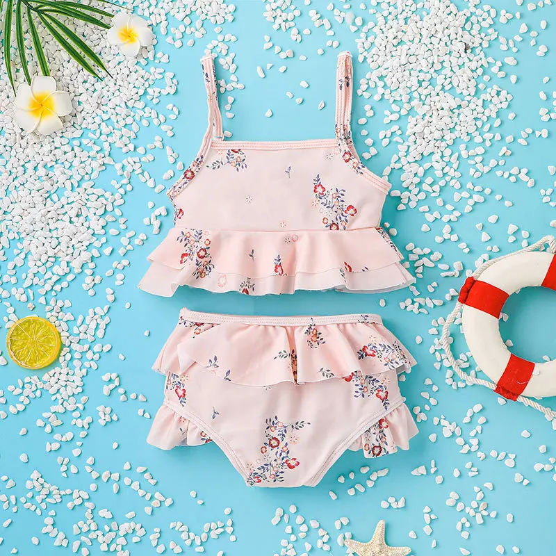 

2022 Girl Swimsuit Sleeveless Ruffles Print Floral Light Pink Children Swimwear Cute Swimming Suit For Girl Bathing Suit 18M-5T