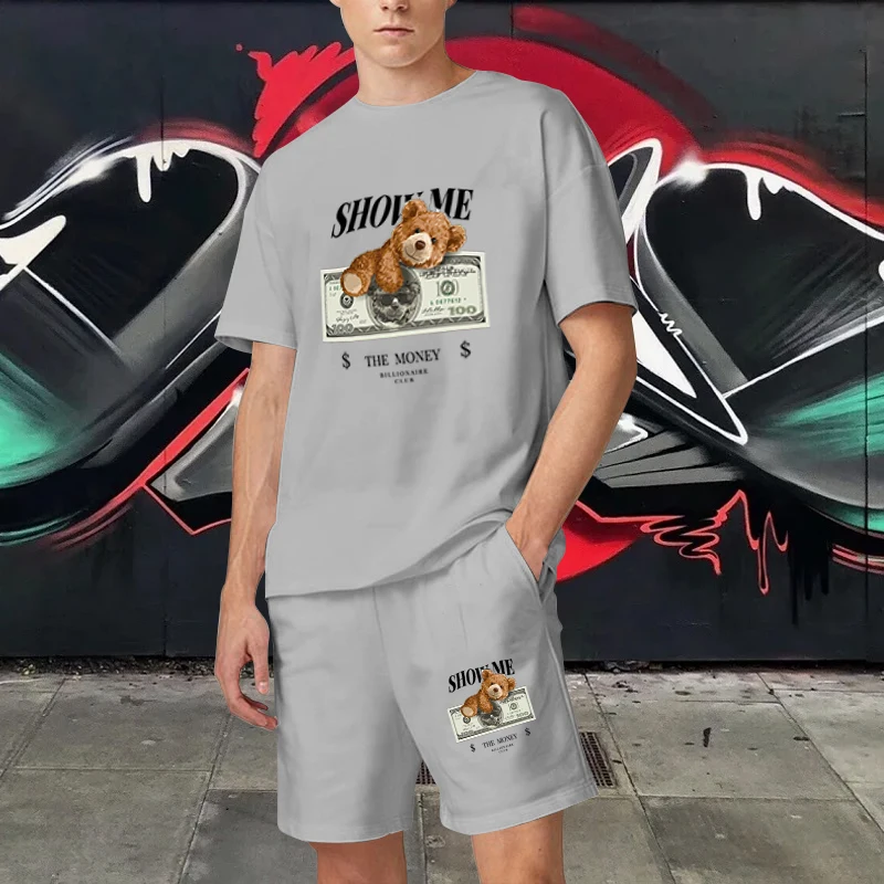 Summer Shorts Tracksuit Men T Two Piece Sets Short Sleeve Anime Shirt Cartoon Bear Print Cotton Streetwear Sports Suit Plus Size