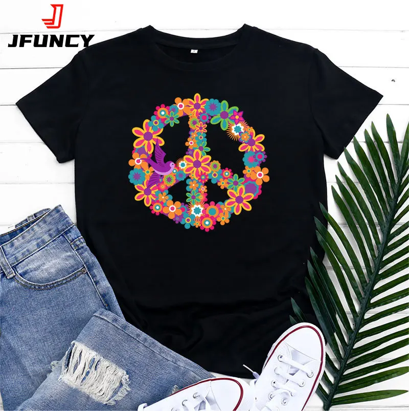 JFUNCY  S-5XL 2022 Summer Women Cotton T-shirt Peace Print Graphic Tee Shirts Short Sleeve Female Tops Pink Tshirt
