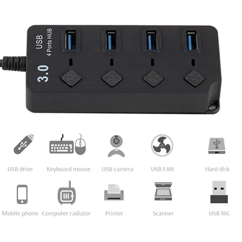 

USB Hub 3.0 4 Port High Speed Multi Splitter Power Adapter Switch LED Indicator For MacBook Laptop Pc Computer Accessories