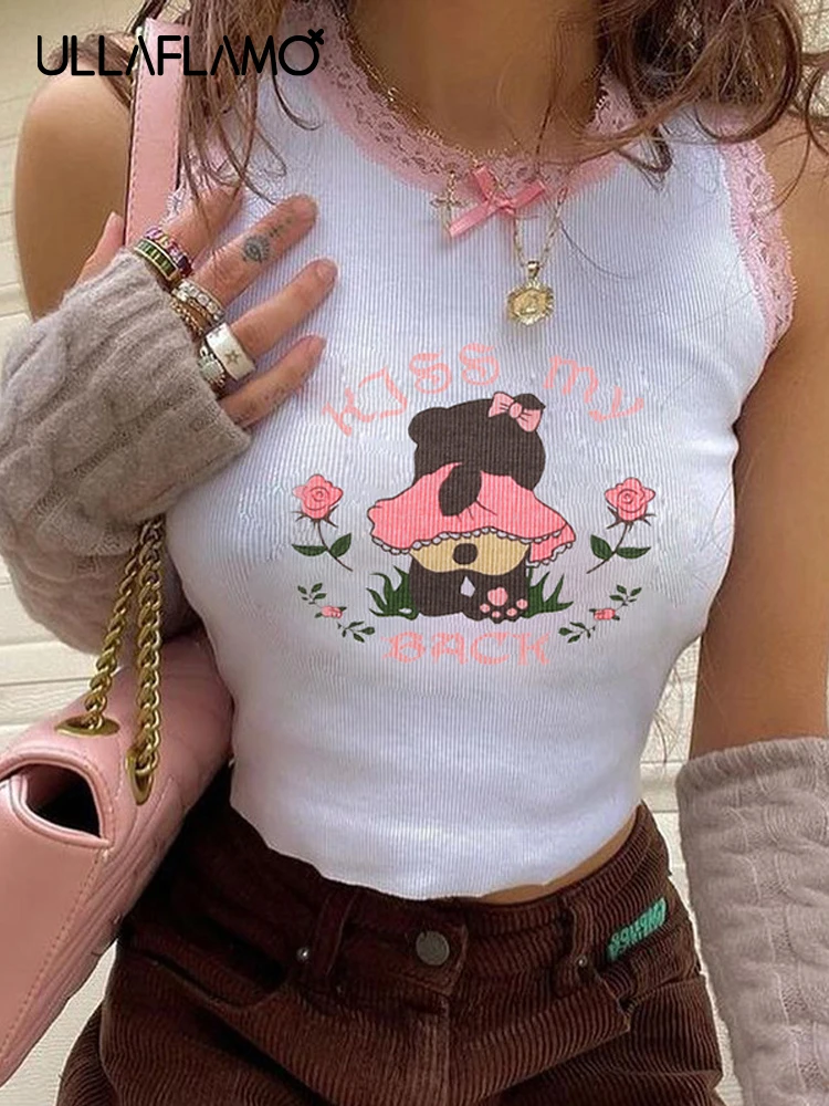 

Летний женский жилет с круглым вырезом, футболка без рукавов с принтом, кружевной мультяшный Женский Повседневный Топ с бантом, женский сек...