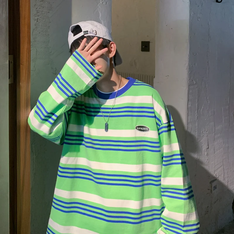 

Men Streetwear Vintage Retro Casual Striped Japanese Fashion T-Shirts Long Sleeve Hip Hop Harajuku Mens Oversized Alt Clothes