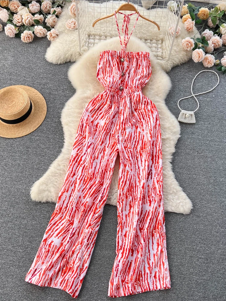 

YuooMuoo Women Jumpsuits Summer Fashion Holiday Beach Style Slash Neck Halter One-piece Trousers Streetwear Print Long Rompers