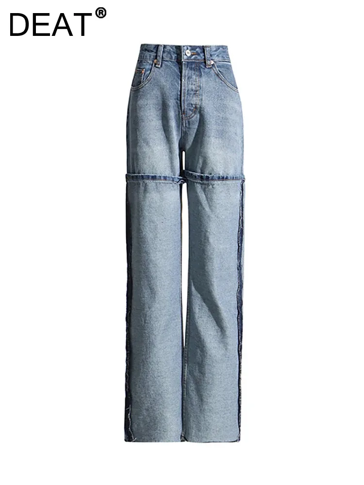 

DEAT Women Denim Pants High Waist Patchwork Burrs Contrast Color Design Loose Full Length Jeans 2023 Winter New Fashion 29L2674