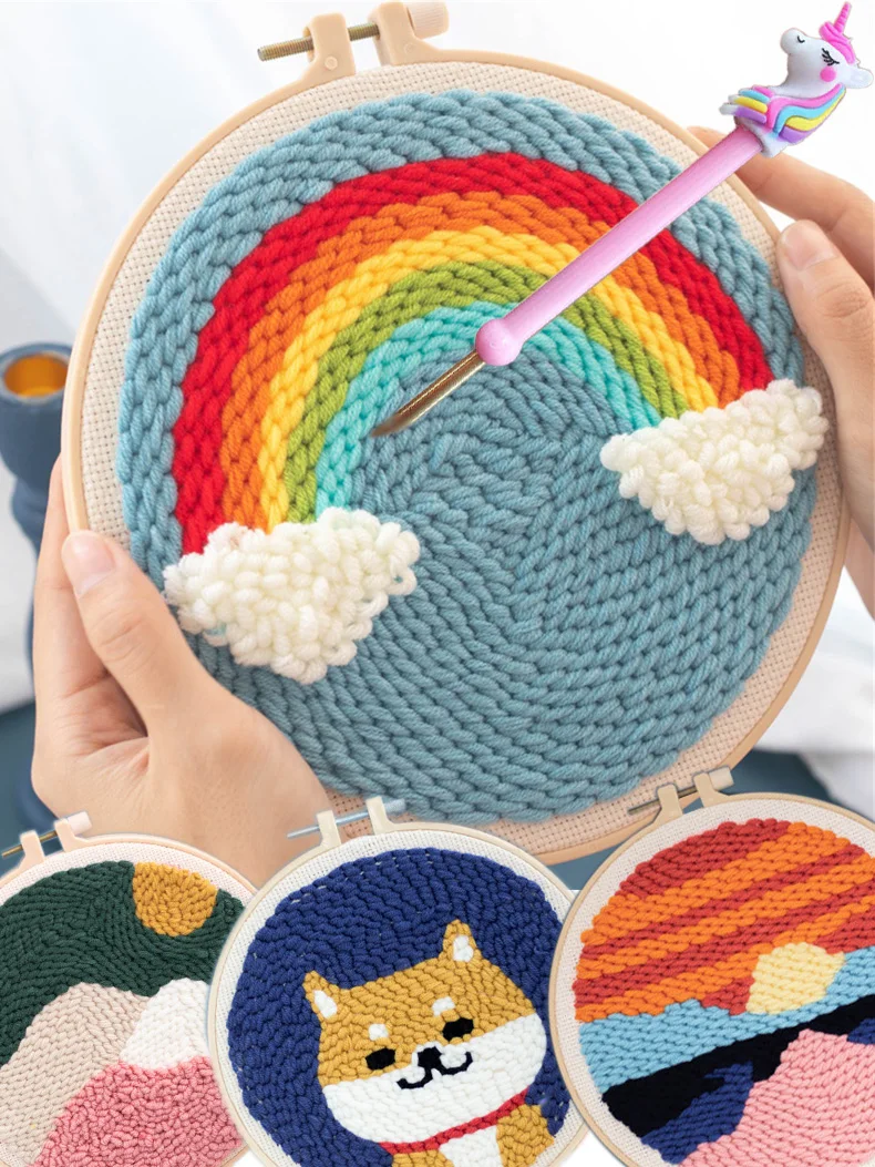 

Cartoon Scenery Starter Embroidery Kit With Punch Needle Poke Embroidery Sewing Diy Kits Cross Stitch Needlework Wool Home Decor