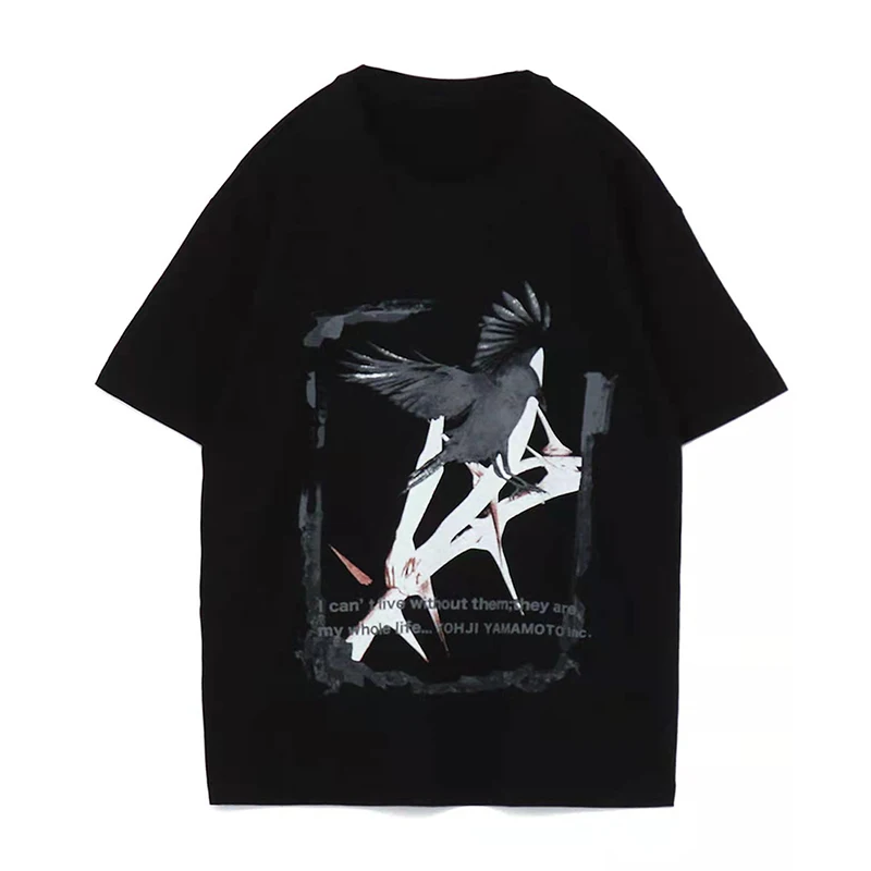 

Yohji Yamamoto 23SS Spring and Summer Fashion Trend Rose Thorn Black Dove Printing Cotton Round Neck Short Sleeve men T-shirt