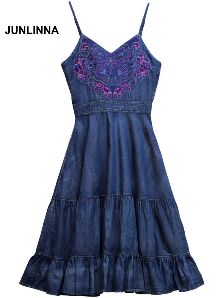 

JUNLINNA Fashion Elegant Women Jeans Expansion Dress 2022 Summer New Camisole Embroidery Sweets Midi Vestidos