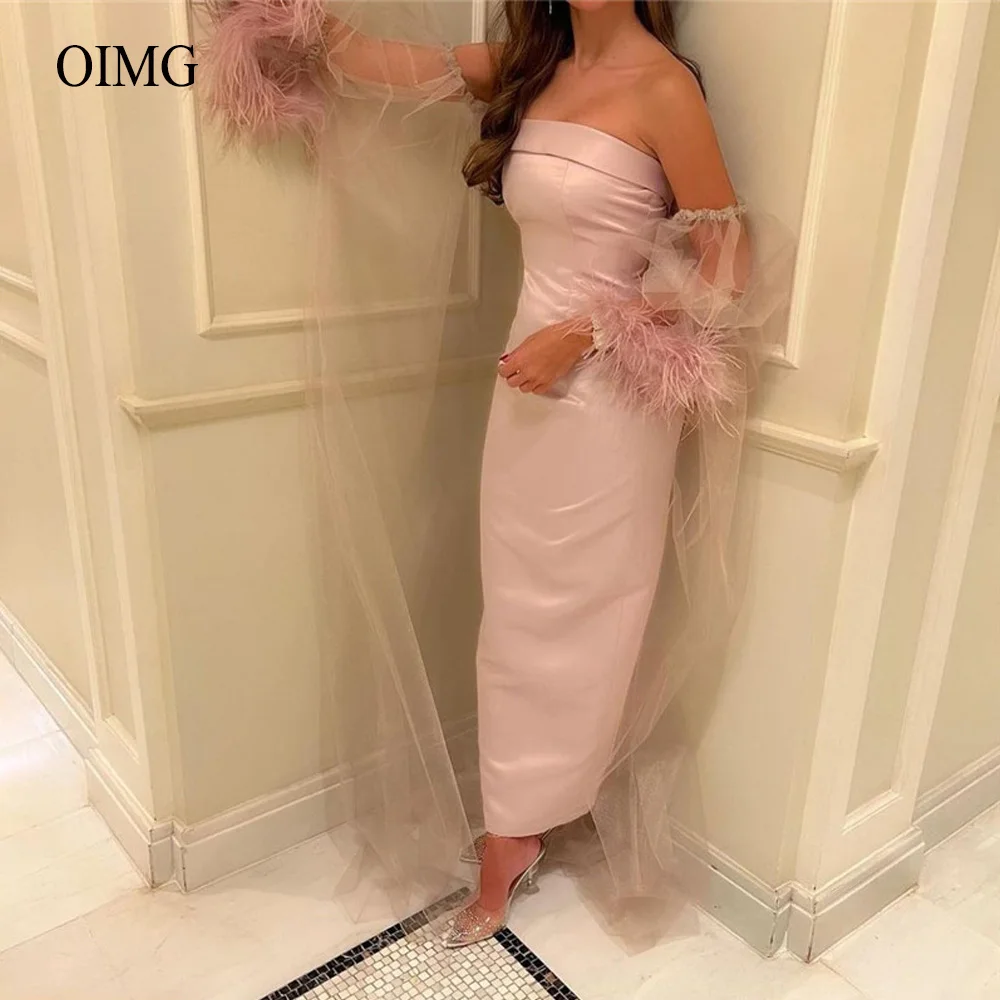 

Pearls Pink Satin Evening Dresses Strapless Puff Long Sleeves Feathers Ankle Length Prom Dress Arabic Formal Party Dress