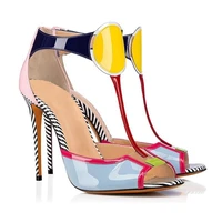 sexy woman macaron mixed color striped high heel sandals multi patent leather peep toe t strap thin heel banquet shoes