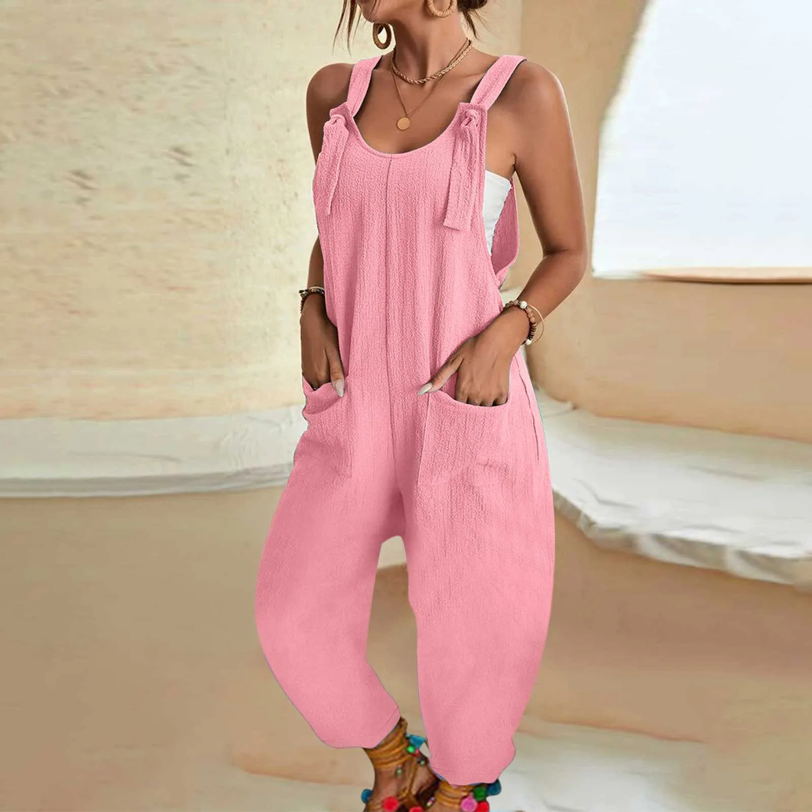 

Women Jumpsuit Summer Sleeveless Solid Color Wide Leg Jumpsuits Large Pockets Loose Strappy Playsuit Overall Mujer