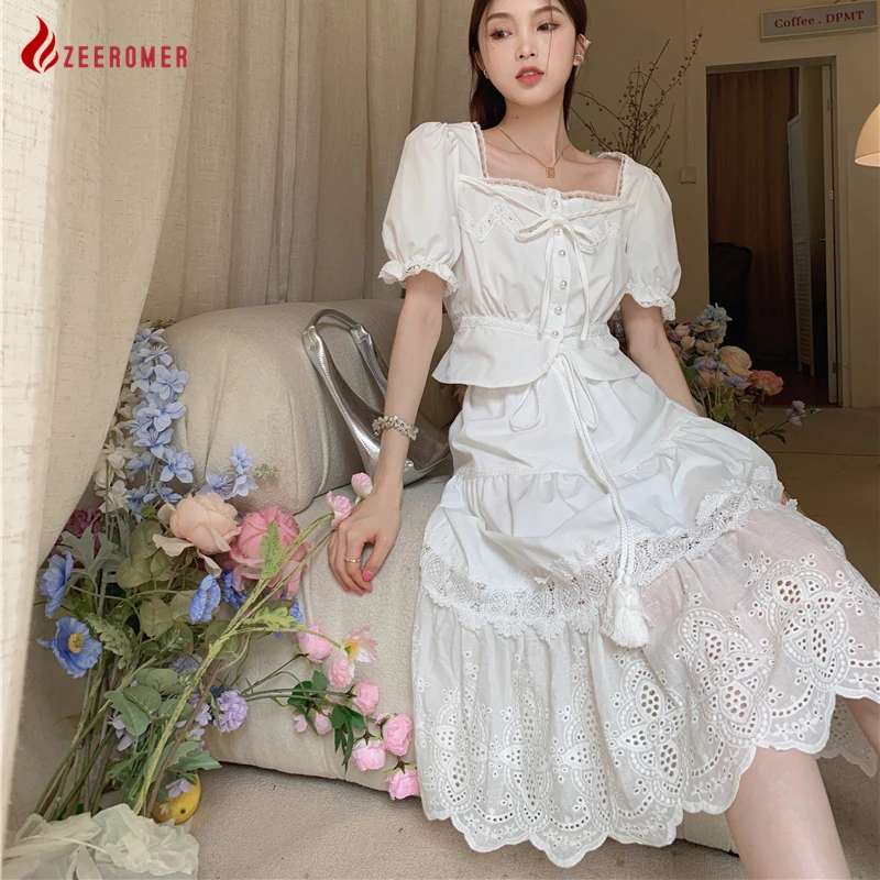 

2022 Summer Temperament White Dress Suit Woman French Lace Hollow Square Collar Short-Sleeve Shirt High Waist Skirt 2-Piece Suit