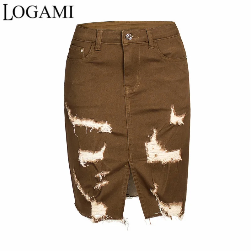 Женская рваная джинсовая юбка LOGAMI с высокой талией модель 2022 года модная