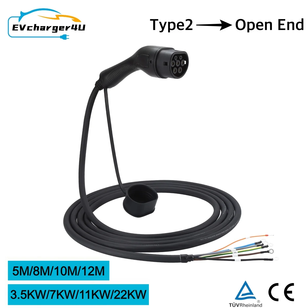

EVcharger4U Type2 Кабель для зарядки EV 3,5 кВт/7 кВт/11 кВт 22 кВт 1 фаза/3 фазы 16A/32A Провод с открытым концом для зарядной станции электромобилей