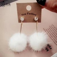 rabbit fur ball pompom long drop earrings for women unique soft pom pom ear dangle crystal earring jewelry cute christmas gift