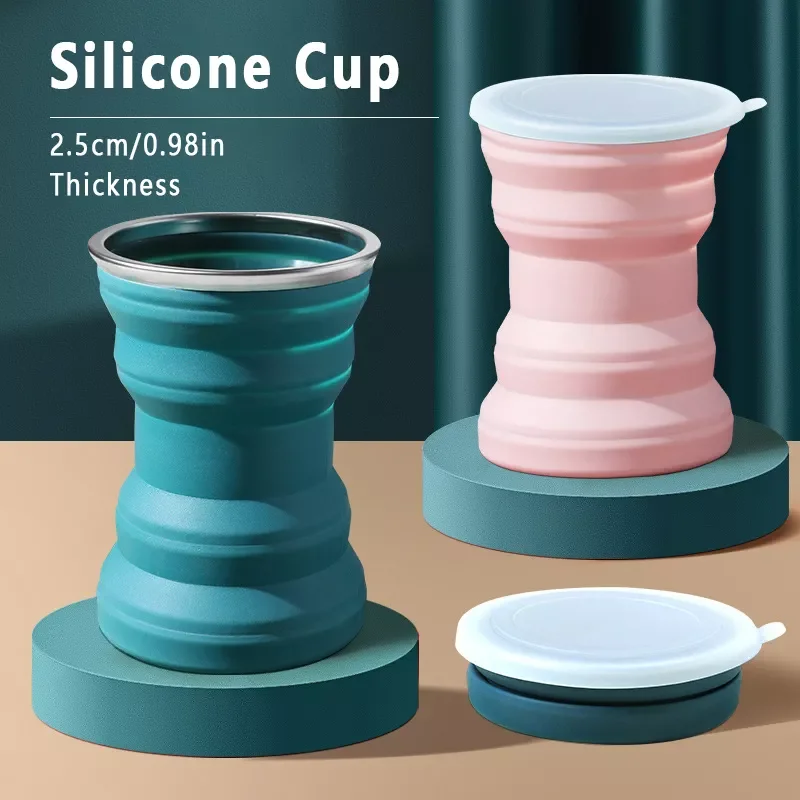 

New in Silicone Folding Water Cup Outdoor Heat Resistant Foldable Mug with Lid Collapsible Travel Drinking Cups for Camping