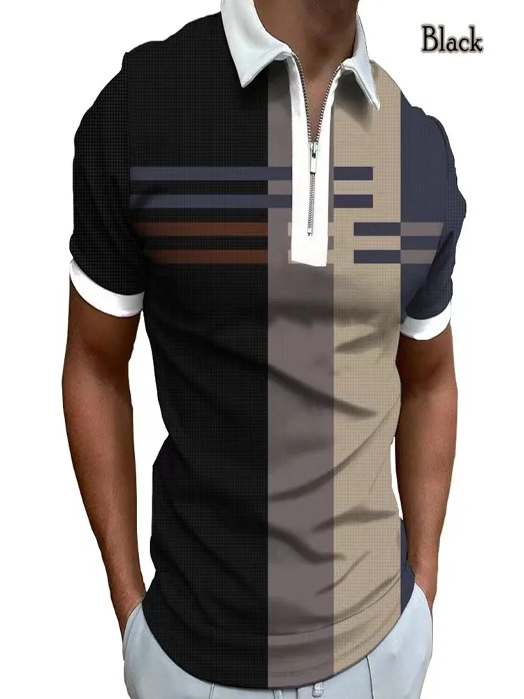 

2023 moda masculina nova camisa polo cor xadrez padrão casual negócios com zíper manga curta topos t camisa para homem polo