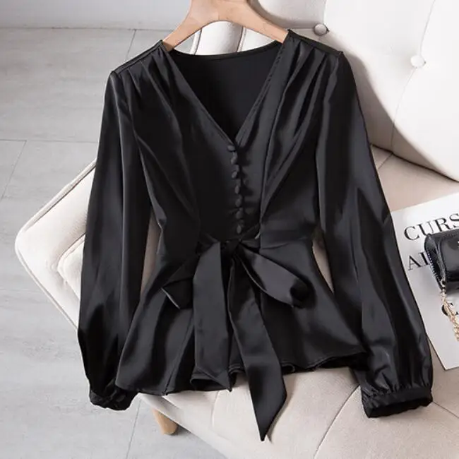 

2022 Loose Shirt Spring Blouses Women Elegant Solid Black V-neck Button Bow Shirts Fashion Long Sleeve Tops Lady Clothing 20395