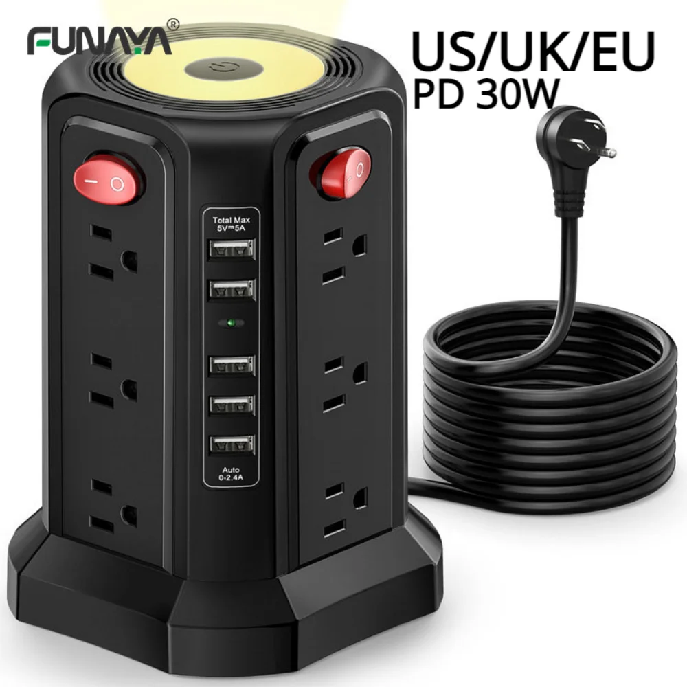 

Tower Power Strip Sockets US UK EU 5 USB Ports with Night Light, AC 110v 220v 12 Outlets Surge Protector PD 30W 10A Table Socket