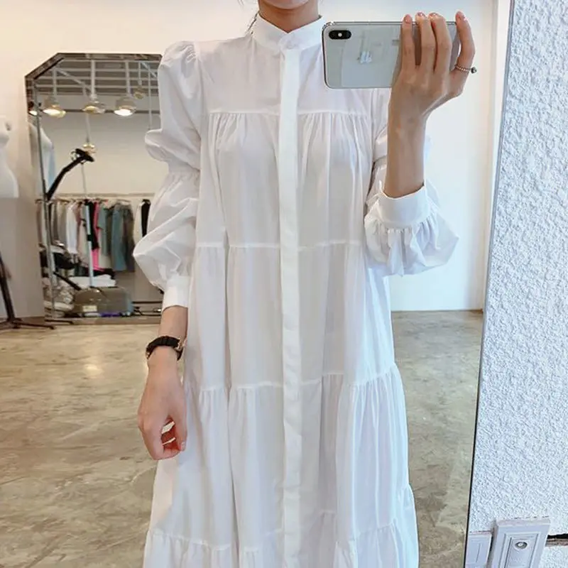 

Women's Stand Collar Single Breasted Loose Fold Puff Sleeve White Shirt Dress Long Maxi Casual Wild 2022 Autumn Robe Vestido