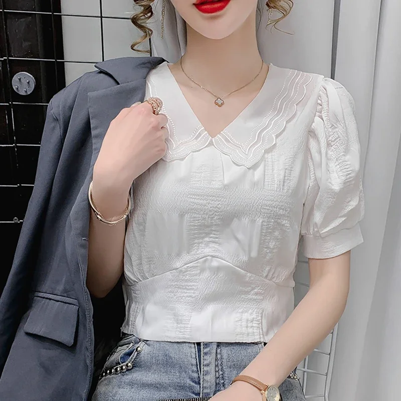 Женская шифоновая блузка с пышными рукавами голубая или розовая элегантная