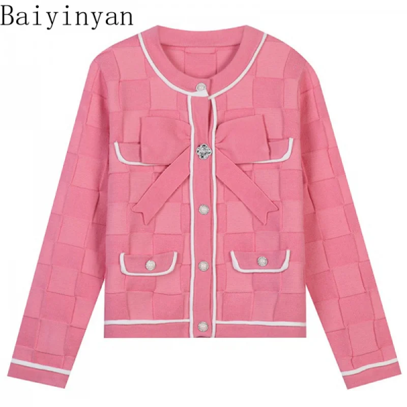 

New Contrast Color Bow Pocket Classic Style Slim Fit round Neck Long Sleeves Knitted Cardigan Women's Clothes Coat