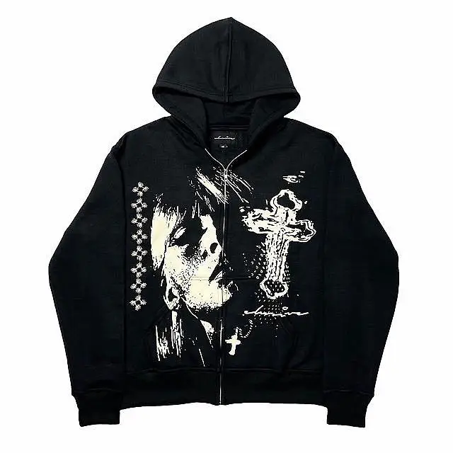 

black punk jacket New loose American hoodie Y2K couple street Harajuku men zipper Japanese cross head oversized sweatshirt print