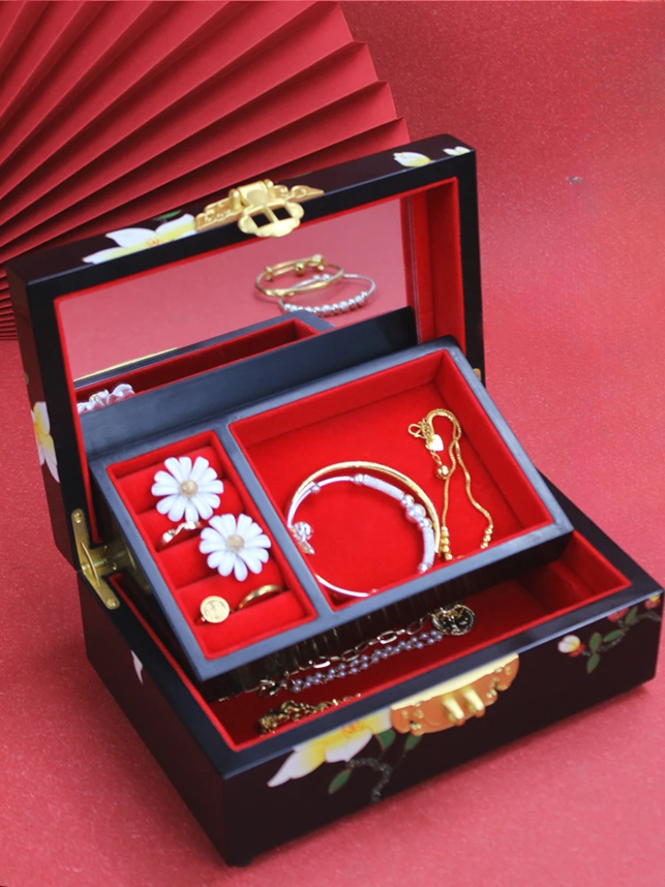 

Storage Box Handmade Lacquerware Vintage Jewelrywith Lock Double-Layer Large Capacity Chinese Style Wedding Gift Home Decoration