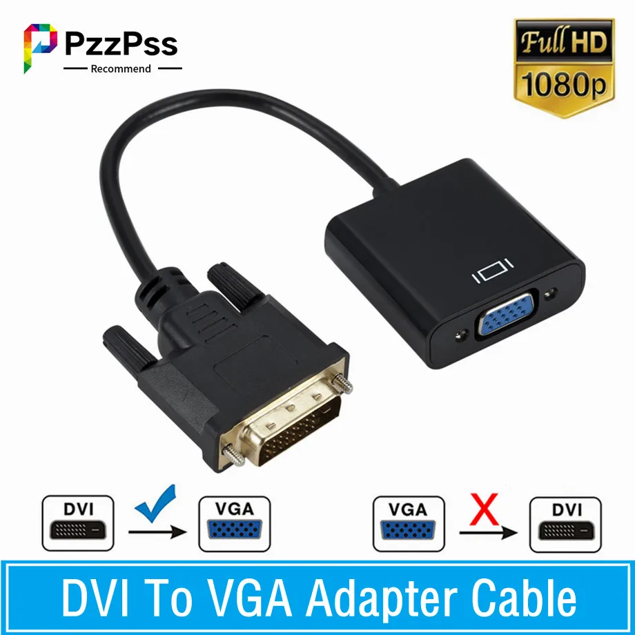 

PzzPss Full HD 1080P DVI-D DVI To VGA Adapter Video Cable Converter 24+1 25Pin to 15Pin Cable Converter for PC Computer Monitor