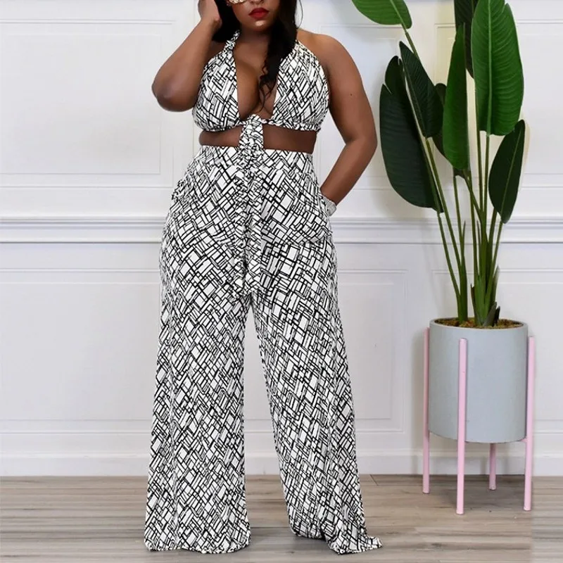 

Two 2 Piece Sets Womens Outfits Printed Wrap Chest Crop Top Wide-legged Pants Party Lady Matching Sets Street Fashion Sexy Suit
