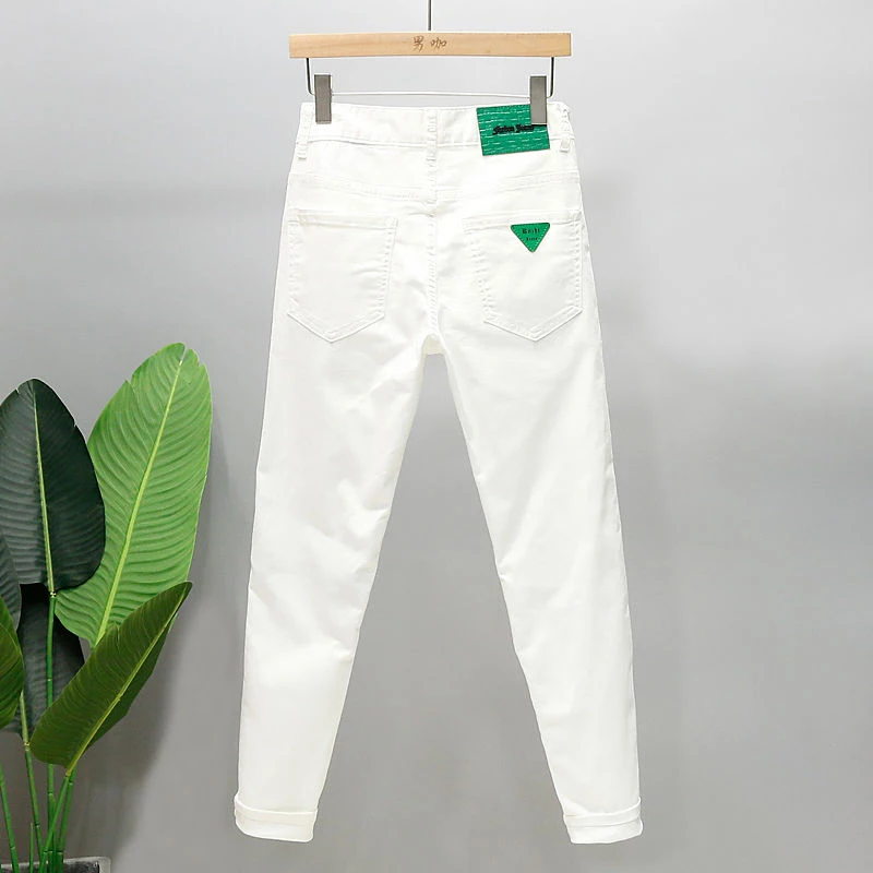 2023 Summer Men's White Jeans Zipper Decorative Ripped Tide Brand Casual Slimming Pants