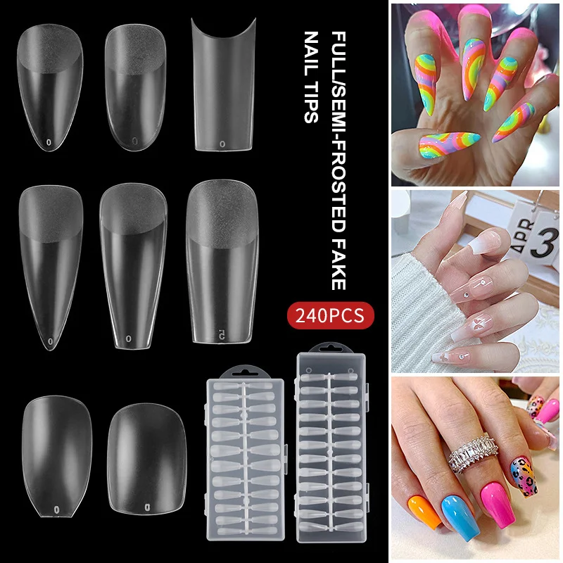 

240Pcs Clear Semi-Matte Short Almond/Coffin False Nails Acrylic Coffin Ballet Full Cover Fake Nails Tips Extension Manicure Tool