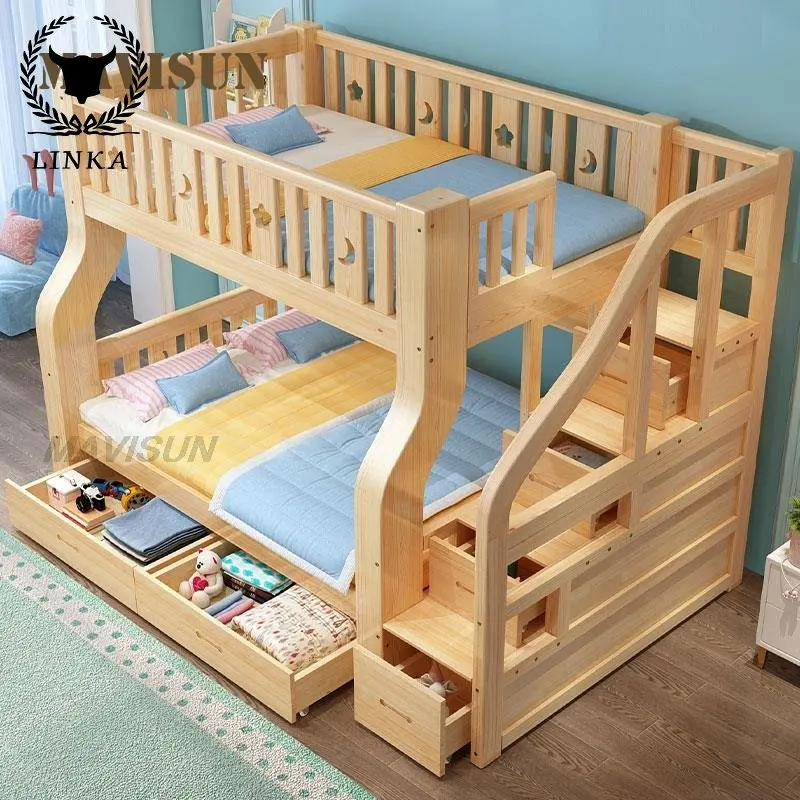 

All Solid Wood Children's Safety Guardrail Bunk Bed Multi-Function Storage Double Drawer Bunk Bed Staggered Height Cabinet Bed