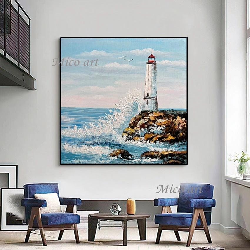

Lighthouse Wall Picture Canvas Roll Paintings Unframed Palette Knife Style Artwork Abstract Art Decor Seascape Hand-painted