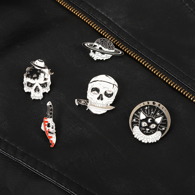 Skeleton Dagger Enamel Lapel Pins Custom Punk Gothic Skull Cat Head Compass Brooches Badges Jewelry Gift For Friends Kids