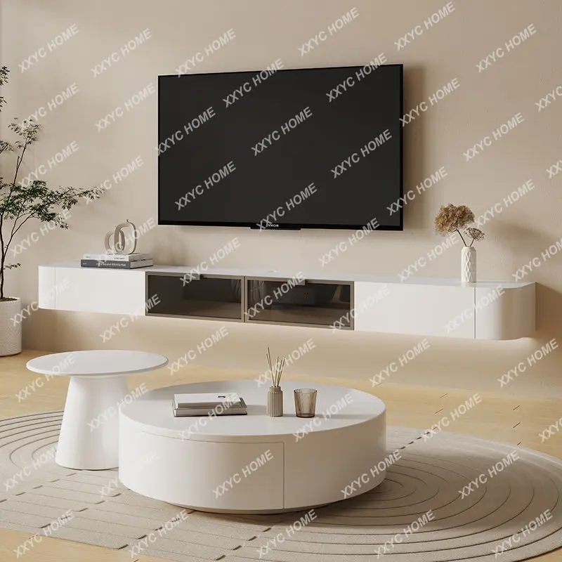 

Hanging TV Cabinet and Tea Table Combination Modern Simple Small Apartment Wall-Mounted Solid Wood White Paint TV Stand