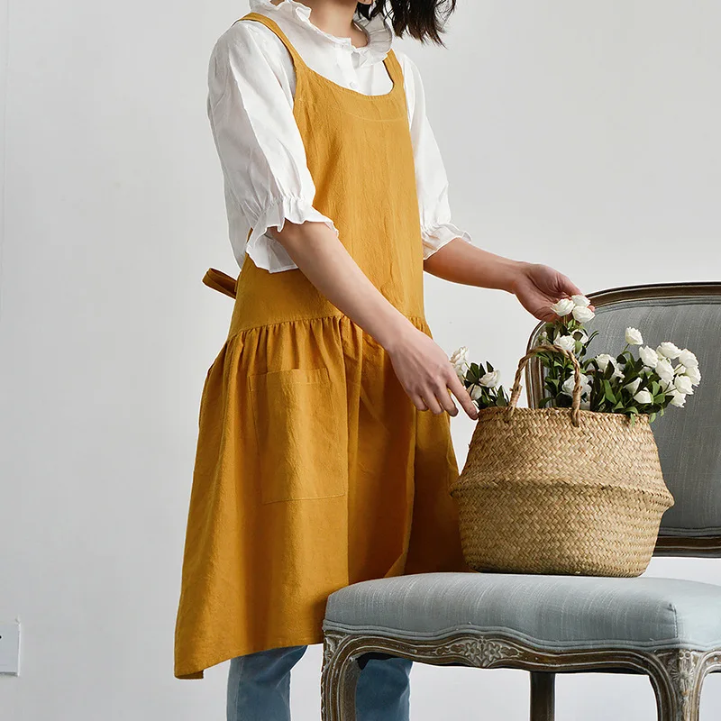 

Cotton Linen Apron Women Cross Back Kitchen Apron Korean Housework Baking Wrap Flower Shop Florist