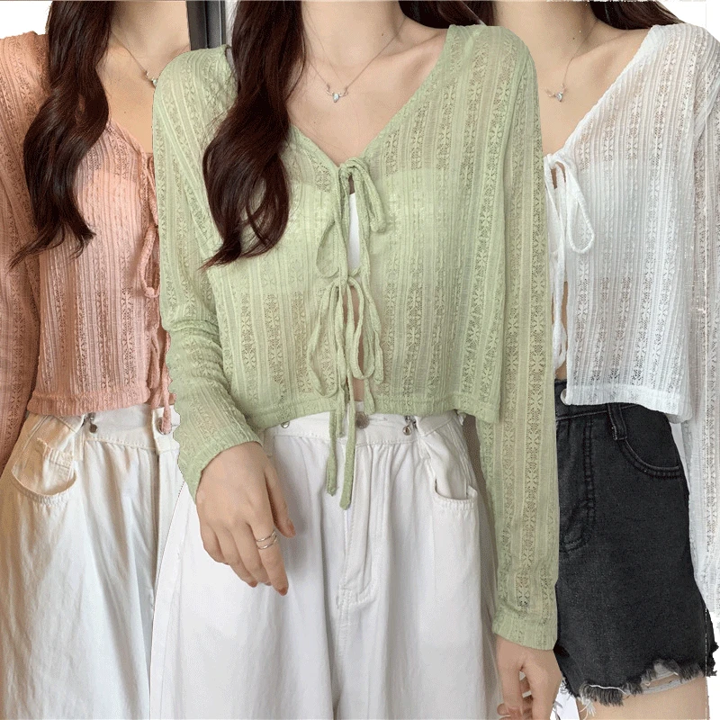 

New Long-Sleeved Thin Lace Sunscreen Shirt Short Knitted Cardigan Top With Shawl Sunscreen Women's Summer