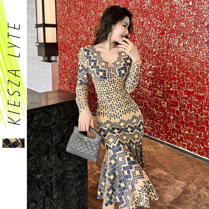 2023 Spring Sexy Fishtail Dress Elegant Irregular Long Sleeve V Neck Slim Bodycon Slim Fit Party Club Bodycon Dresses