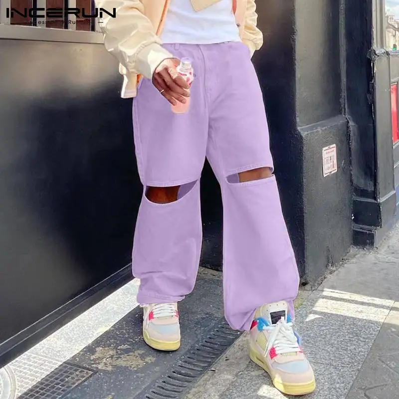 

Fashion Men Pants Solid Joggers Button Streetwear Hollow Out Straight Trousers Men Personality Casual Pantalon S-5XL INCERUN