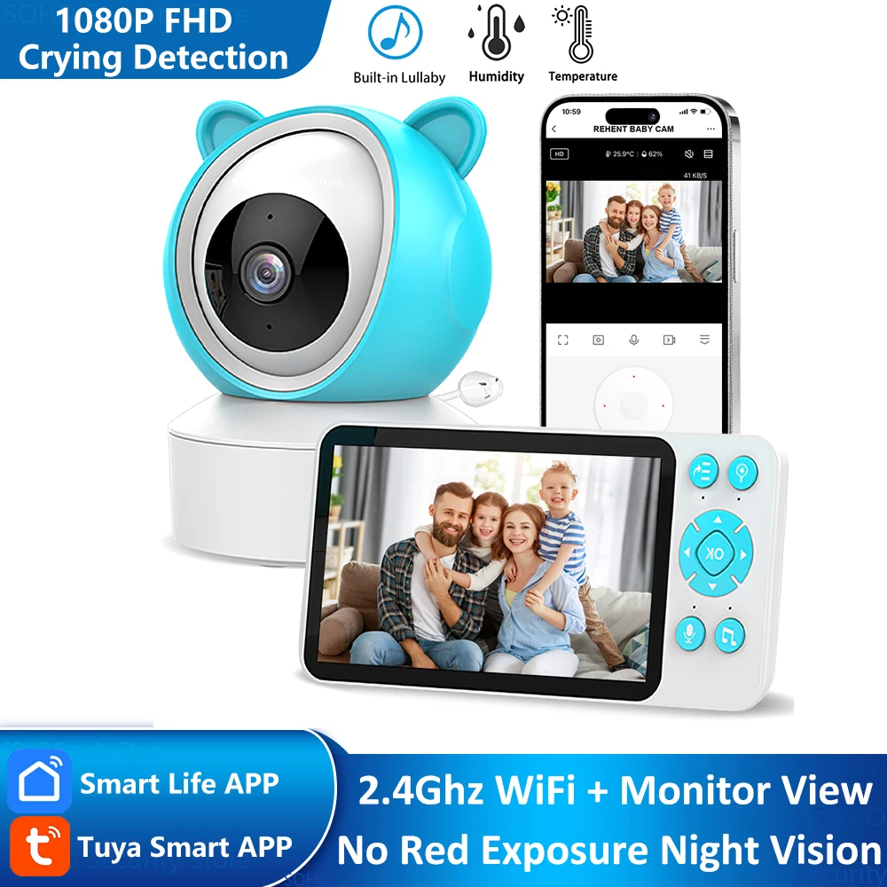 

5" Wireles WiFi Video Baby Monitor Babyphone Camera Nanny FHD Night Vision PTZ Lullaby Temperature Tuya Smart Life APP View