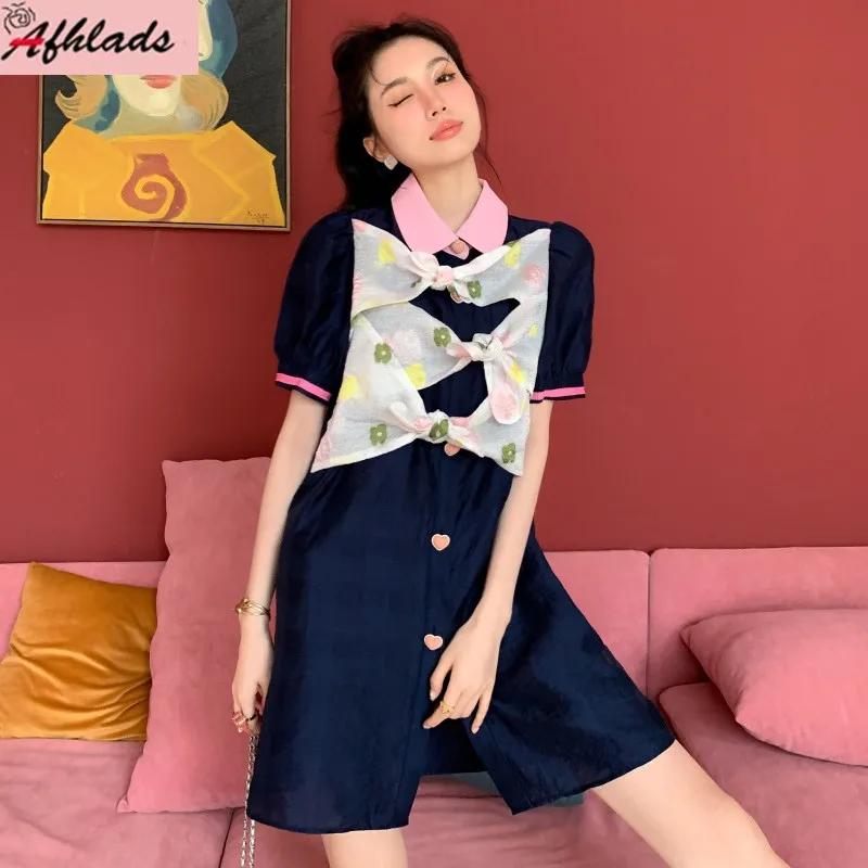 

Женское офисное платье-рубашка с пышными короткими рукавами, черно-белое контрастное лоскутное платье с рюшами, лето