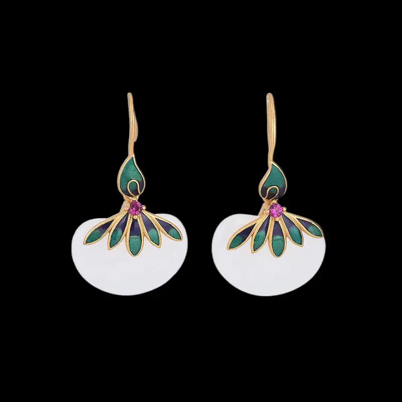 

Серьги с белым нефритом И цветком, ювелирные изделия, резные настоящие винтажные подвески из камня, серебро 925 пробы, подарок, женские амулет...