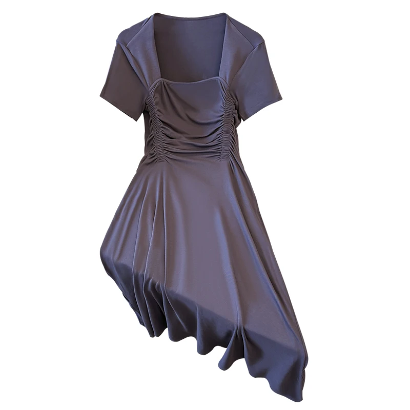 

Women Cotton Midi Dress Square Collar Short Sleeve Casual Female Elegant Large Size Summer Loose Black Pink Pleated A Line Party