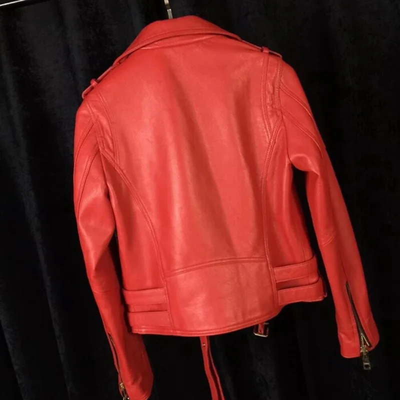 Women Slim Fit Leather Jacket Biker Coat for Female Cropped Red Jacket